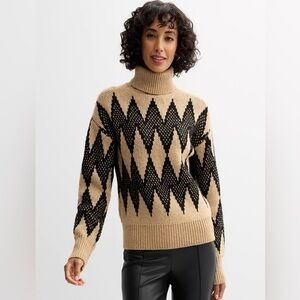 Catherine Malandrino Diamond Stitch Tan & Black Turtleneck Sweater size Medium